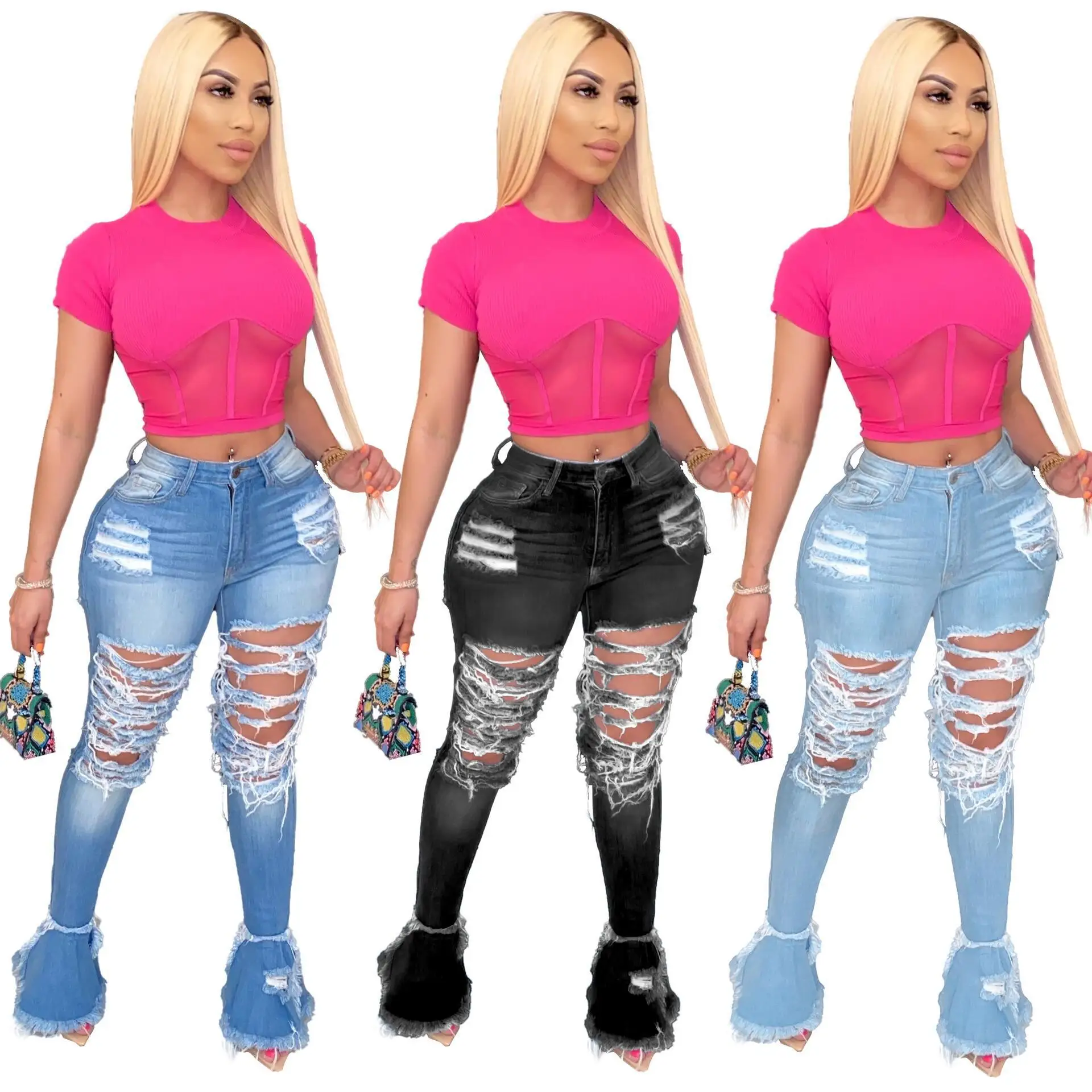 

Hot Sale Plus Size Bell Bottom Jeans High Waist Ripped Jeans Women Washed Flare Denim Jeans, Blue