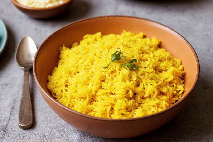 Step-by-step turmeric rice cooking process showing golden grains