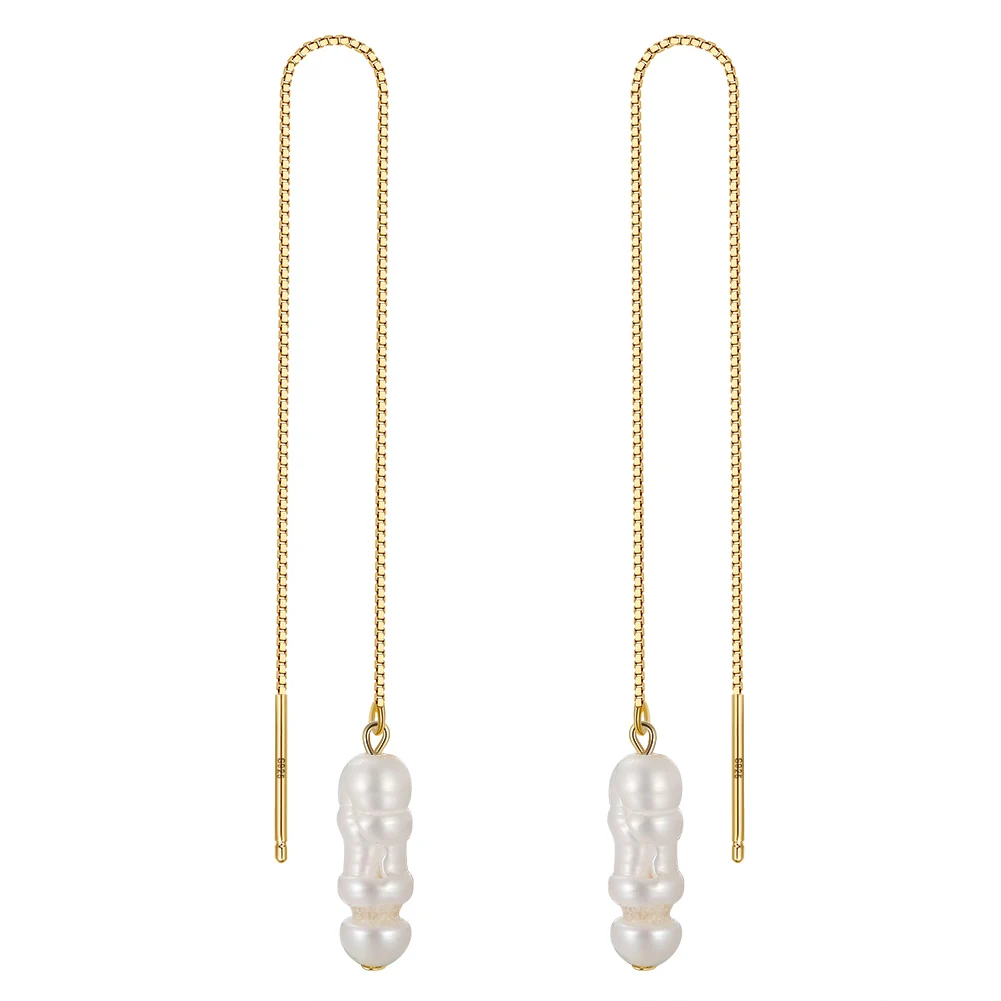 RINNTIN BGPE07 Handmade 925 Sterling Silver Natural Freshwater Pearl Long Toothpick Shape Irregular Baroque Pearl Dangle Earring