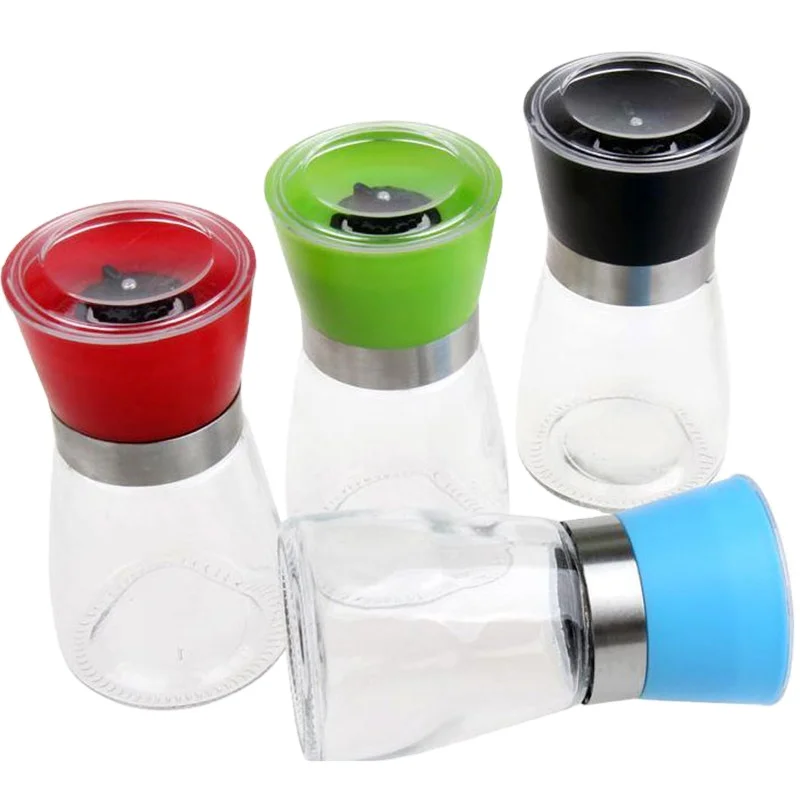 

160ml seasoning spice glass bottle jars with colorful grinder top manual salt and pepper grinder, Customized