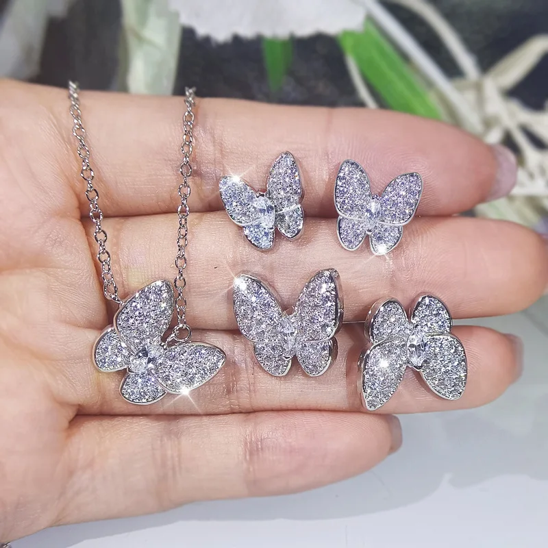 

CAOSHI New Arrival 925 Sterling Silver Plated Crystal Cubic Zircon Bow Pendant Necklace Jewelry Sets