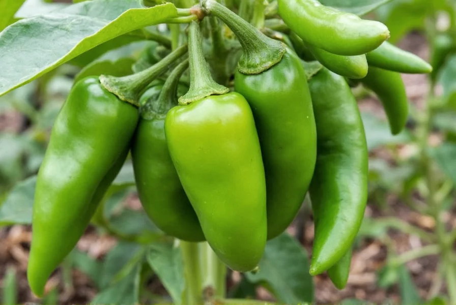 Close-up photograph of fresh Anaheim peppers on the plant showing their characteristic long, tapered shape and glossy green skin in a California garden setting