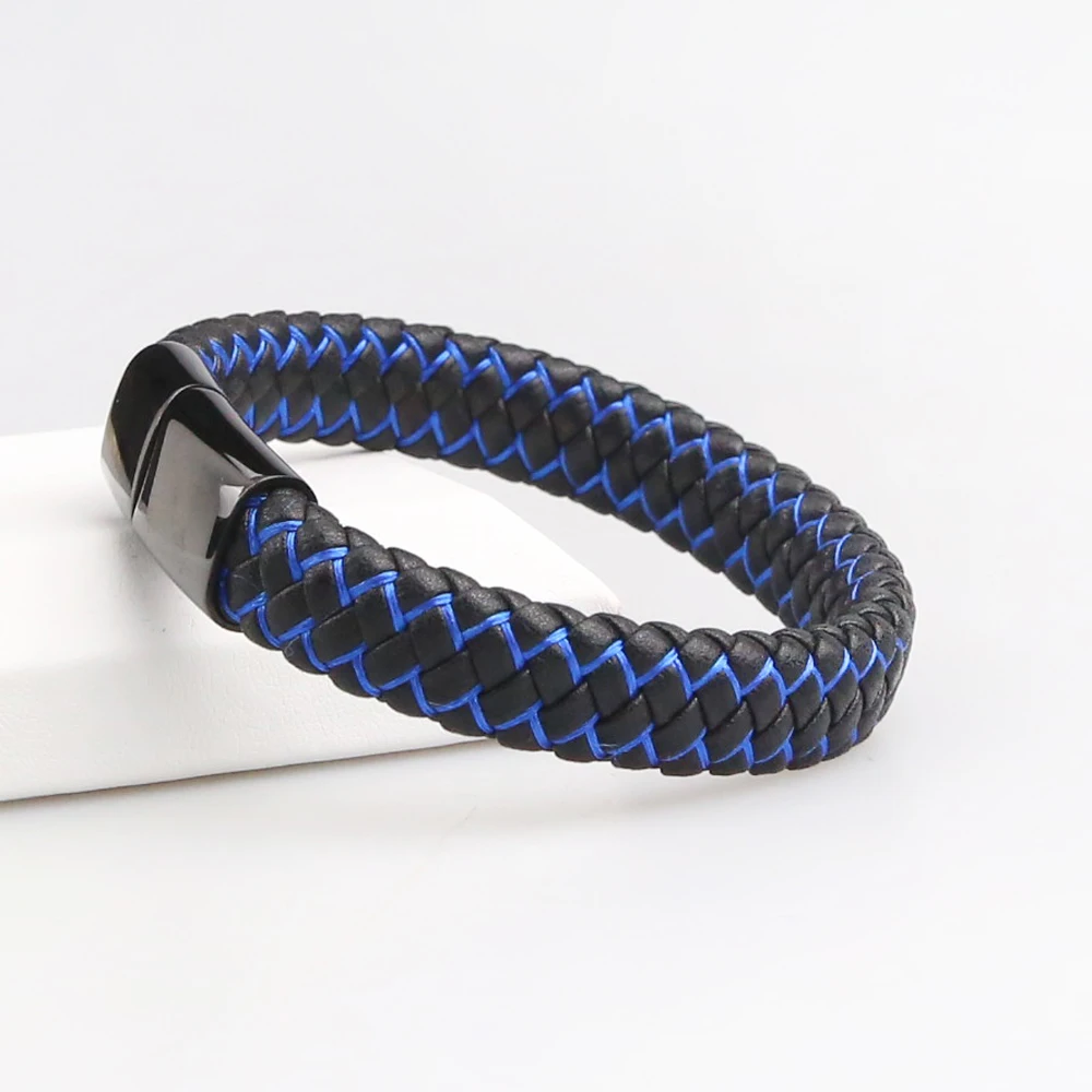 

Blue Braided Leather with Magnetic Clasp Cuff Wristband Jewelry Bracelet