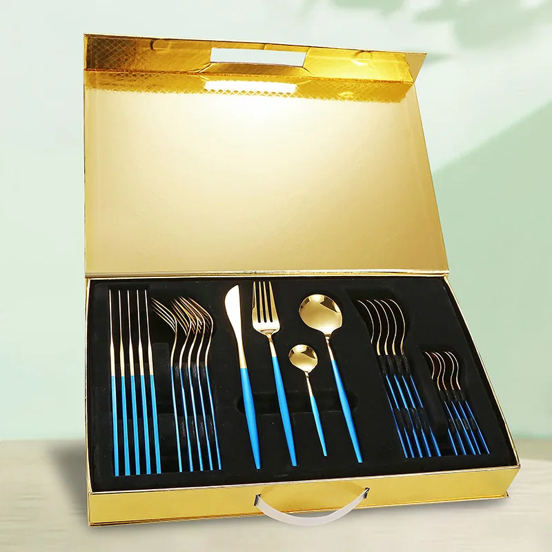 

Reusable Travel Wholesale Kitchen Travel Luxury gold stainless steel cutlery set 24pcs with Box