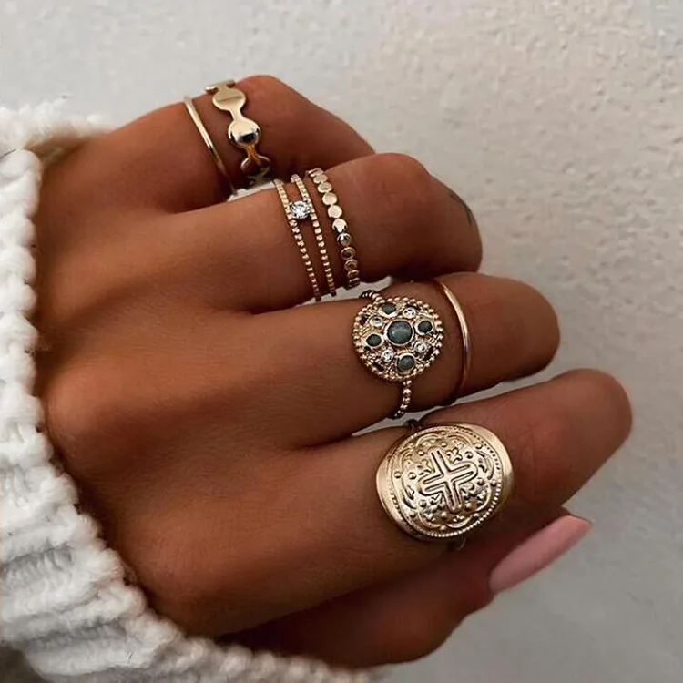 

Vintage Bohemian Cross geometry Round Wave Knuckle Joint Rings Set For Women Gold Finger Rings Jewelry, Picture