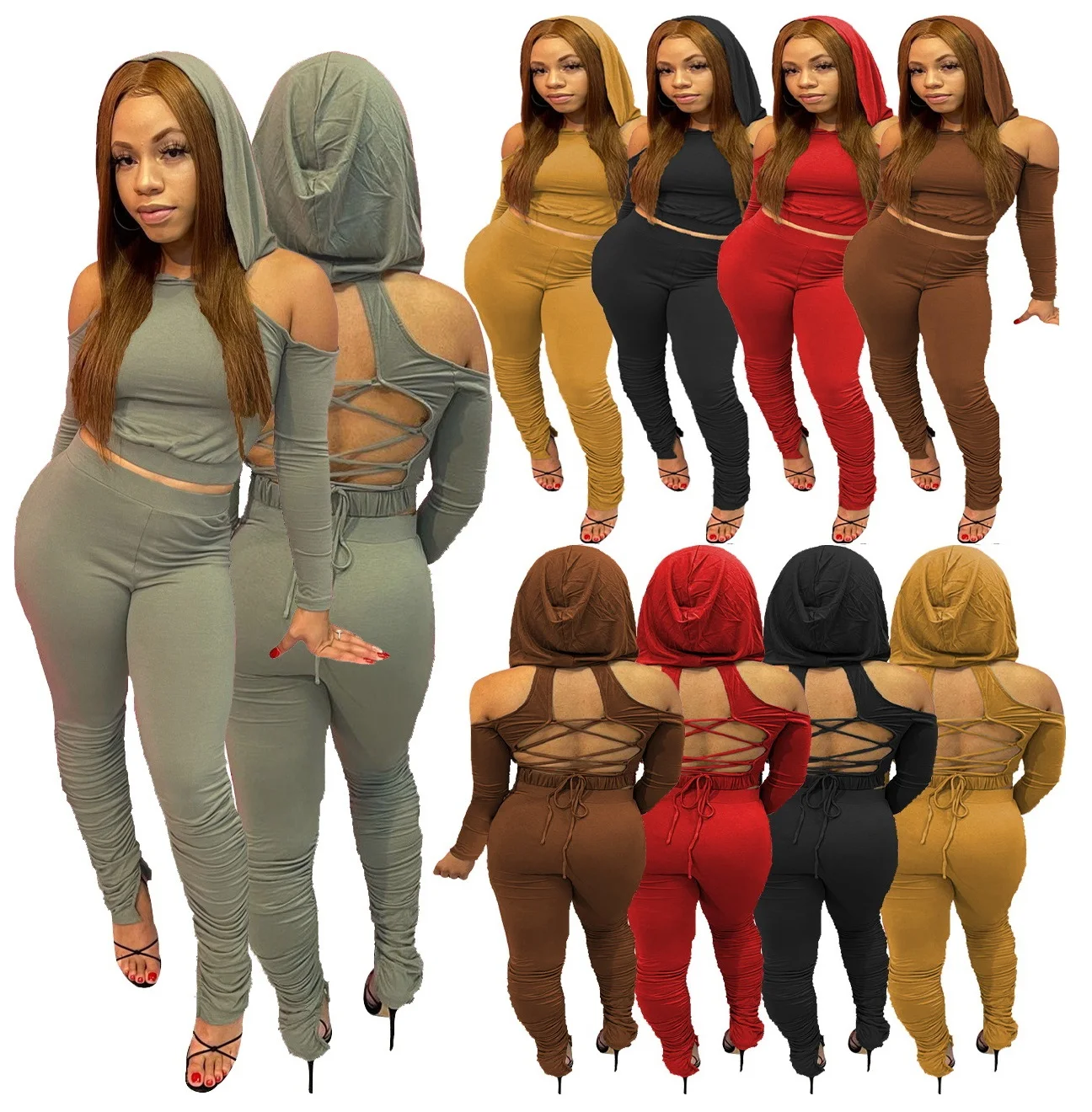 

Off Shoulder Plain Cropped Hoodies Women Fall 2021 Backless Halter Crop Top Sweatpants And Hoodie Set, Picture