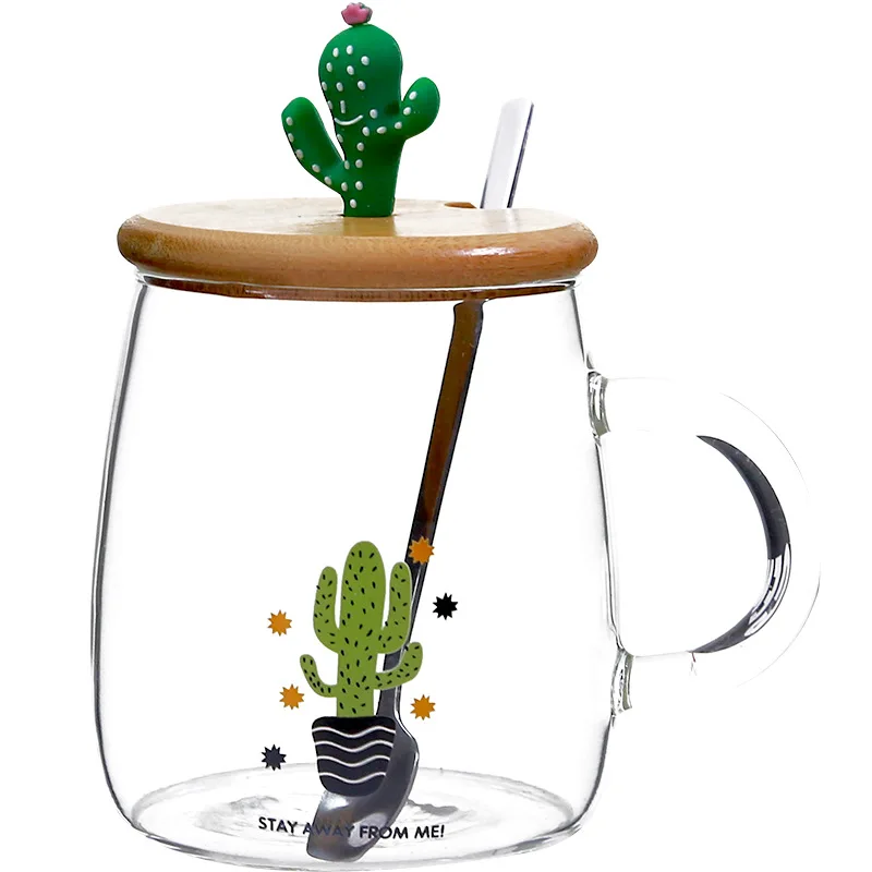 

Seaygift High quality reusable crystal clear cup cute creative cactus shape glass coffee milk tea mug with spoon bamboo lid, Black/pink/blue