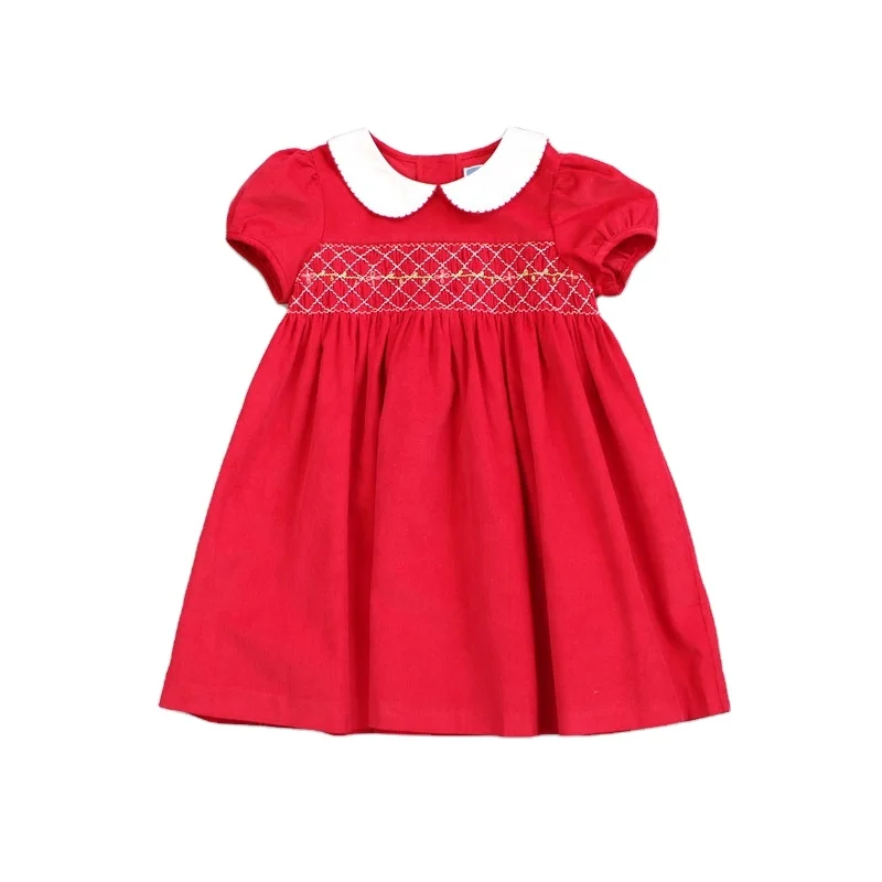 

OEM christmas smocked dress red girl clothes puff sleeve corduroy peter pan collar boutiques children clothes wholesale lots 567