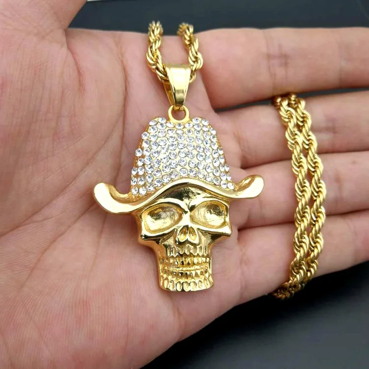 

Mens Gold Plated Iced Out Ready To Ship Jewelry Biker Skull Pendant