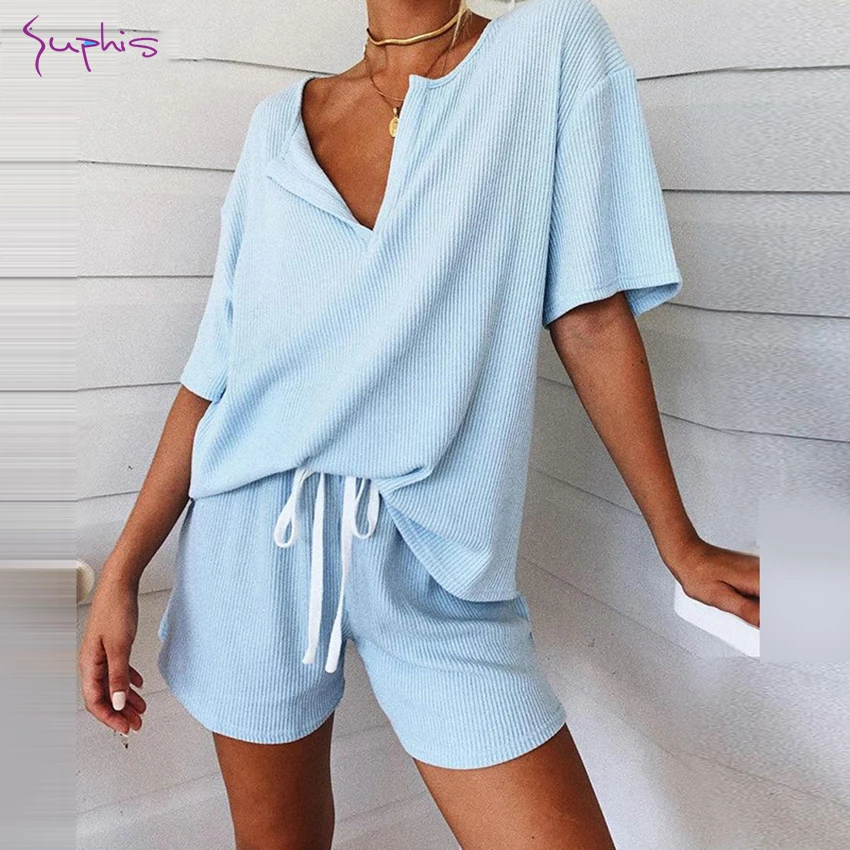 

SUPHIS Crop Top And Shorts Drawstring 2 Piece Set Outfits Beach Print Short Sleeve Casual Two Piece Set Sampic Summer Women Set