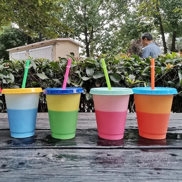 

Ready To Ship 16oz Kid Color Changing Plastic Tumbler Cup Wholesale Cheap Water Cup Juice Cup With Lip And Straw, As pictures