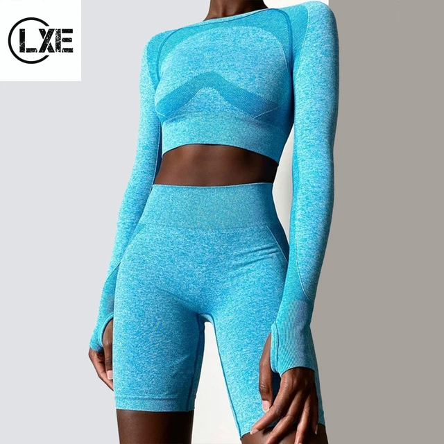 

Wholesale Winter Workout Gym Sports Yoga Sets Knit Seamless Yoga Pants Crop Top Long Sleeve Shorts Set, 4 colors