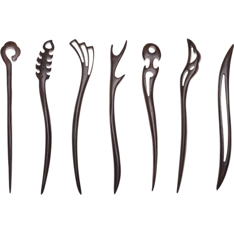 
Vintage Retro Chinese Black Wooden Sandalwood Carved Long Horn Fork Pen Hairpin Wood Chopsticks Hair Sticks Pins Picks for Women 