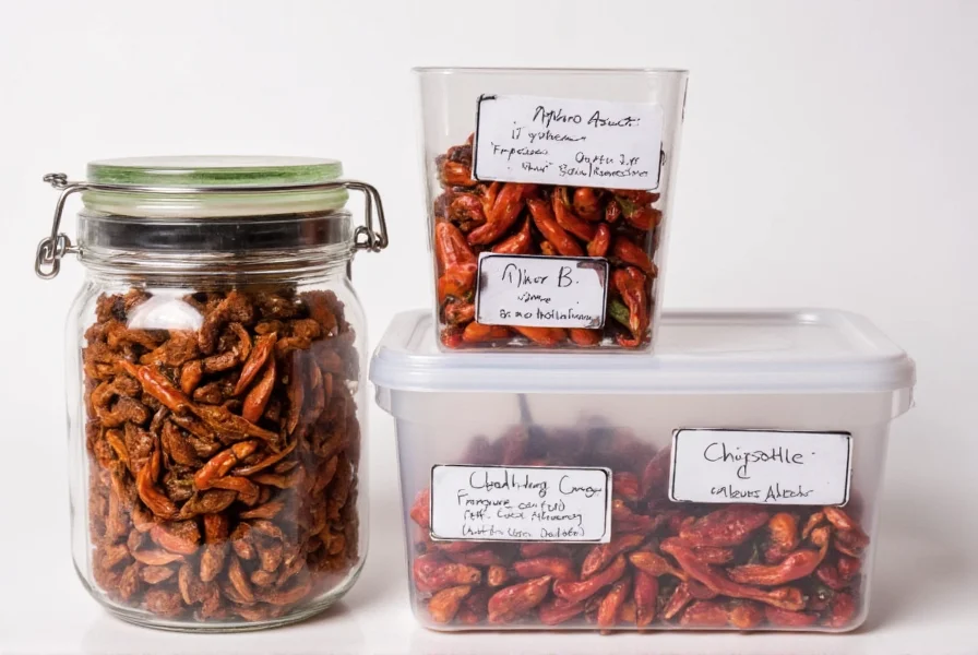 Proper storage containers for smoked chili varieties including glass jars with dried peppers and labeled freezer containers with chipotle in adobo