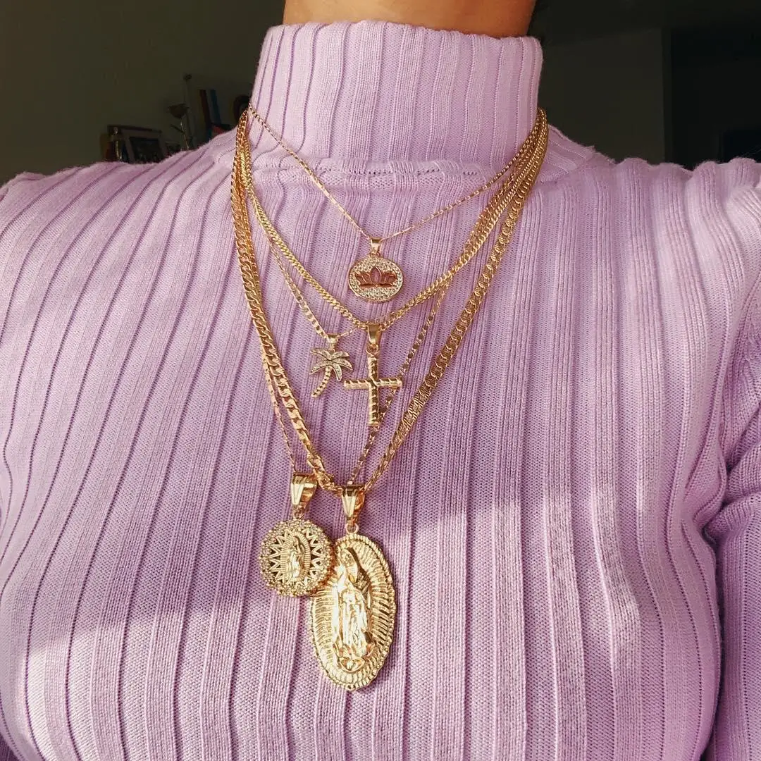 

QJNK-702 Stylish Women's Gold Coin and Cross Pendant Multi Row Layered Necklace for Wholesale, 1 color