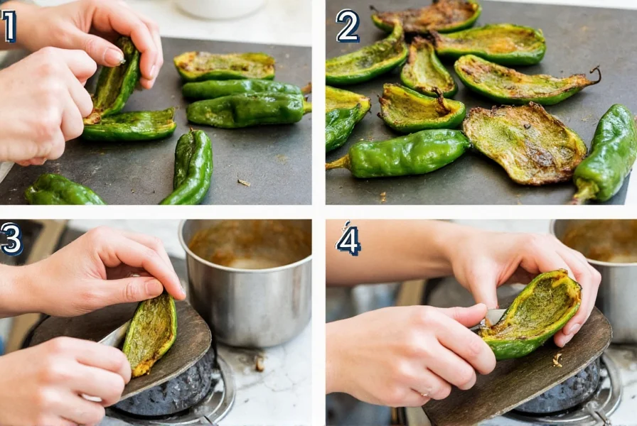 Step-by-step guide showing how to roast and peel poblano peppers for cooking