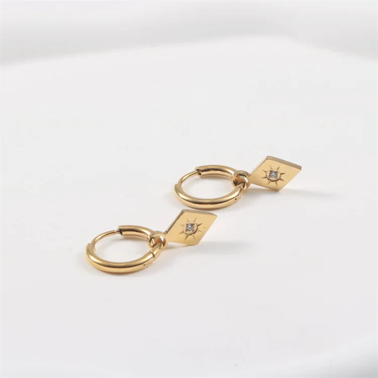 

New arrival jewelry stainless steel cz zircon square charm 18k gold pated hoop earrings