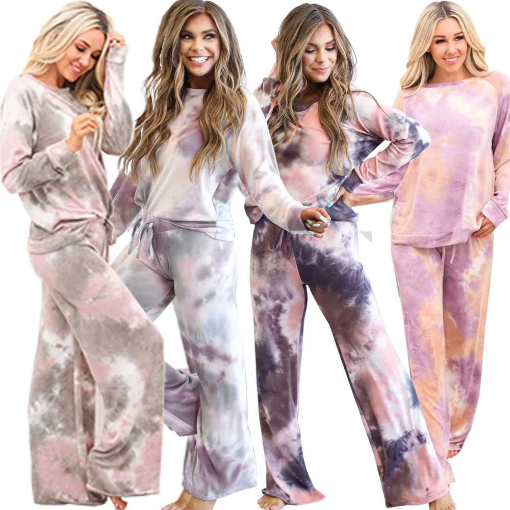 

Hot sales wholesale tie dye comfy two piece lounge wear leisure pyjamas sleepwear women set women pajamas