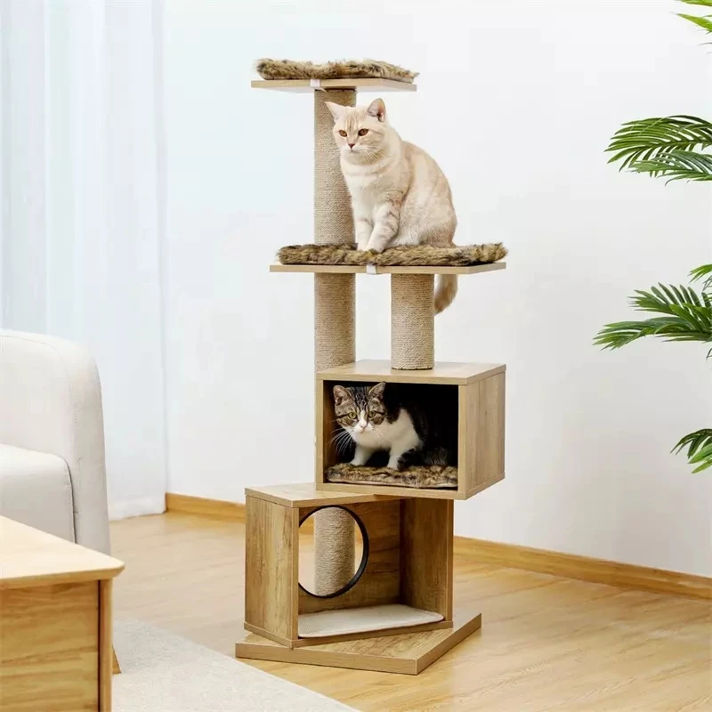

Wooden Cat Tree Modern Cat Tower With Sisal Scratching Post Dual Condos