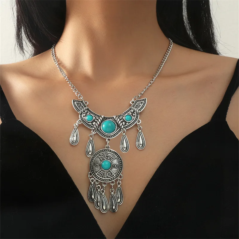 

Vintage Ethnic Collar Necklace Long Tassel Statement Turquoise Western Necklaces Jewelry