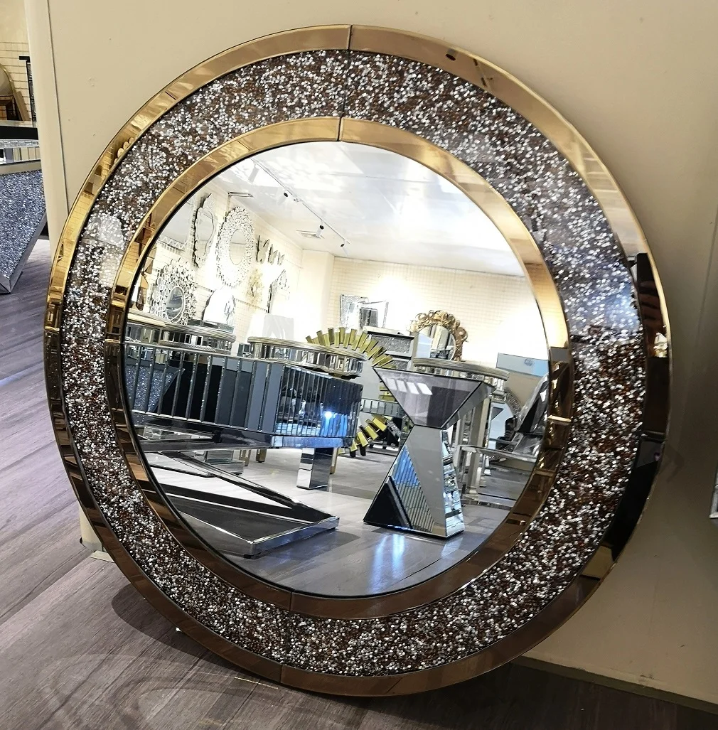Round Gold Wall Mirror with Crushed Diamond