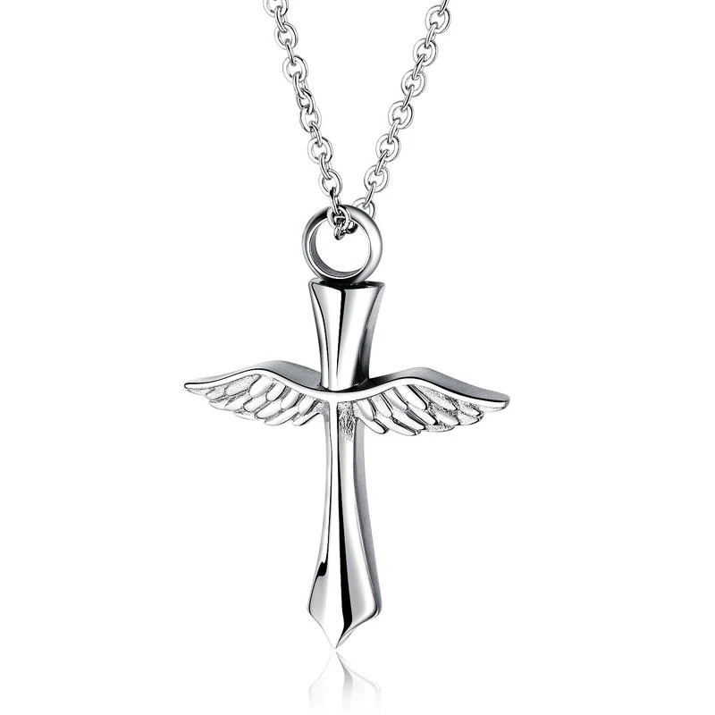 

Angel Wings Cross Urn Necklace Stainless Steel Ashes Jewelry Memorial Keepsake Locket, Silver