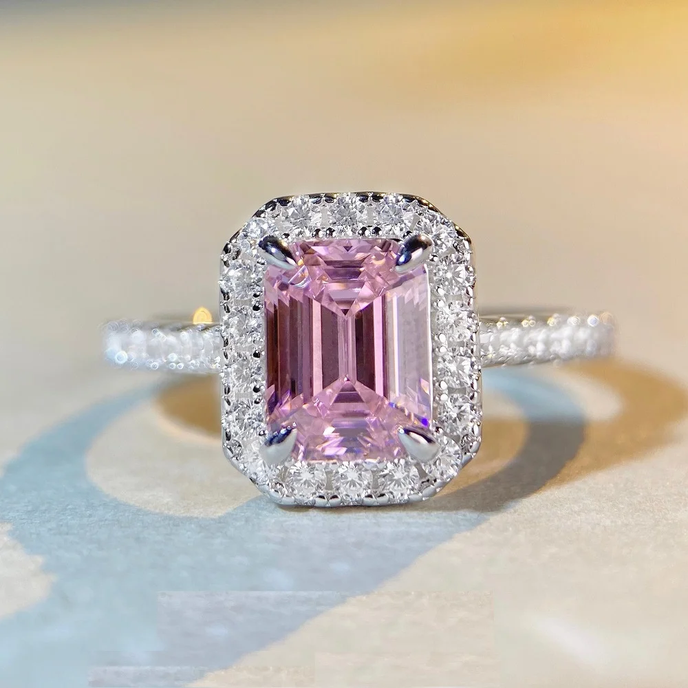 

2 Carat Shiny Luxury Ring Wholesale Colorful Crystal S925 Ring Sterling Silver Pink Diamond Ring For Women