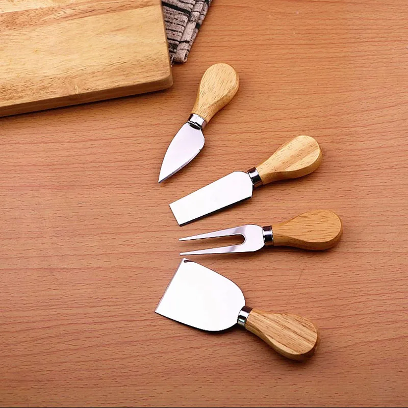 

4pcs/set Wood Handle Sets Bard Set Oak Bamboo Cheese Cutter Knife Slicer Kit Kitchen Cheese Cutte Kitchen Accessorie, As show