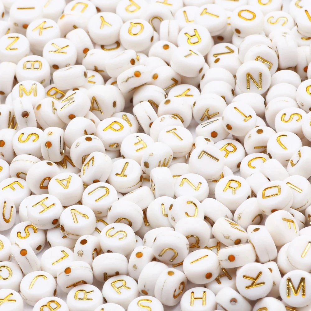 

White  Mixed Letter Acrylic Beads Flat Round Gold Color Alphabet Beads For Jewelry Making Diy Bracelet