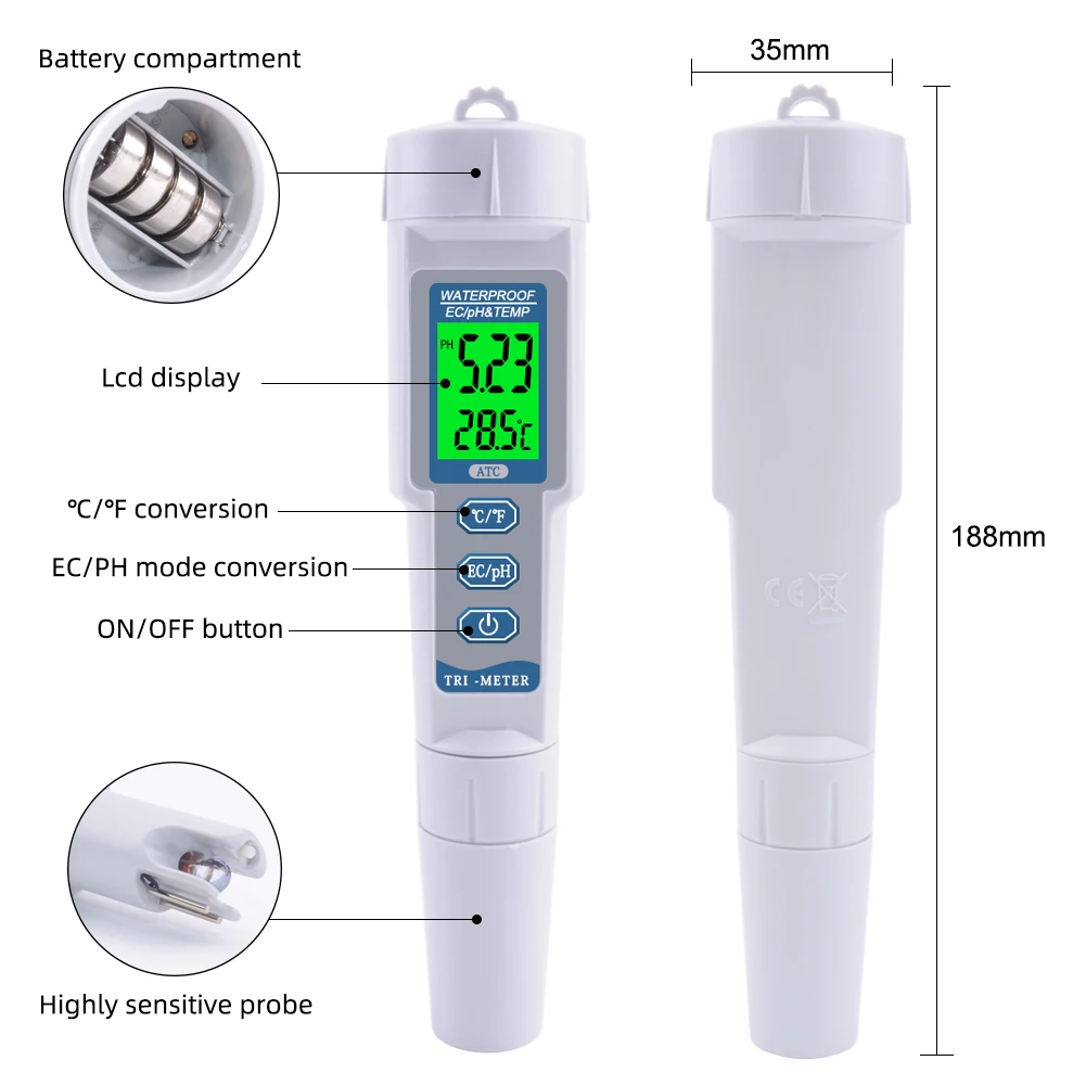 Hot Professional 3in1 Water Quality Tester Monitor Pen Type pH/EC/TEMP Meter US 