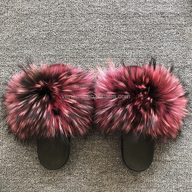 

Fashion Design Women Biggest Whole Fur Colorful Sandal Slides Matched Soft Furry Slippers Rainbow Natural Fur Slides, Customized color