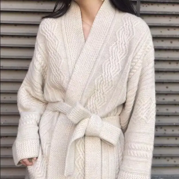 Europe and the United States new cashmere sweater knit cardigan women loose belt sweater large size autumn and winter wool coat