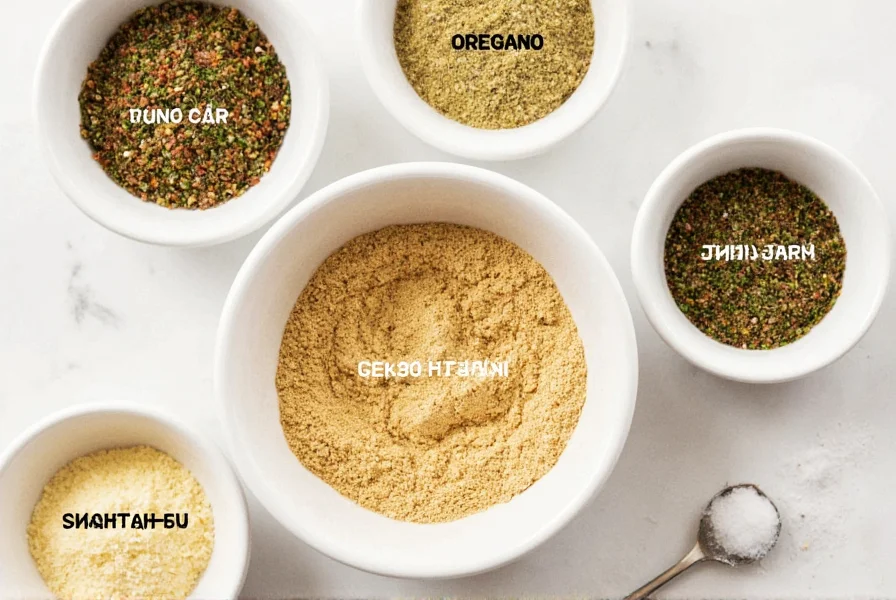 Close-up of homemade gyro seasoning ingredients arranged in small bowls: dried oregano, garlic powder, onion powder, marjoram, thyme, and salt