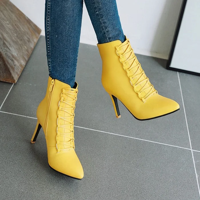 

Hot Selling Fashion Women Ankle Boots High Heel Pointed Toe Yellow Black White Dress Shoes Zipper New Style Winter Ladies Boots, Black,white,yellow