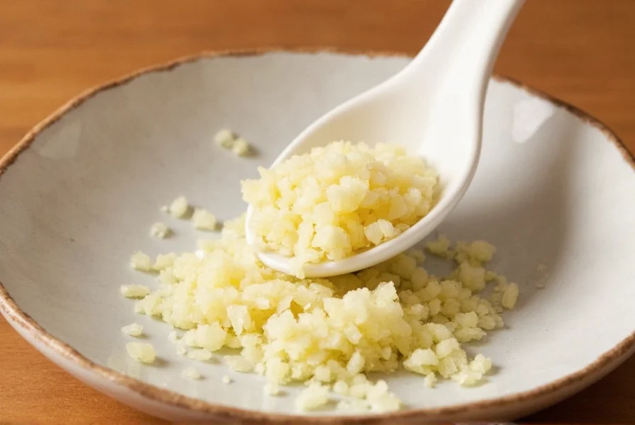 Garlic clove next to teaspoon measurement showing minced garlic equivalent