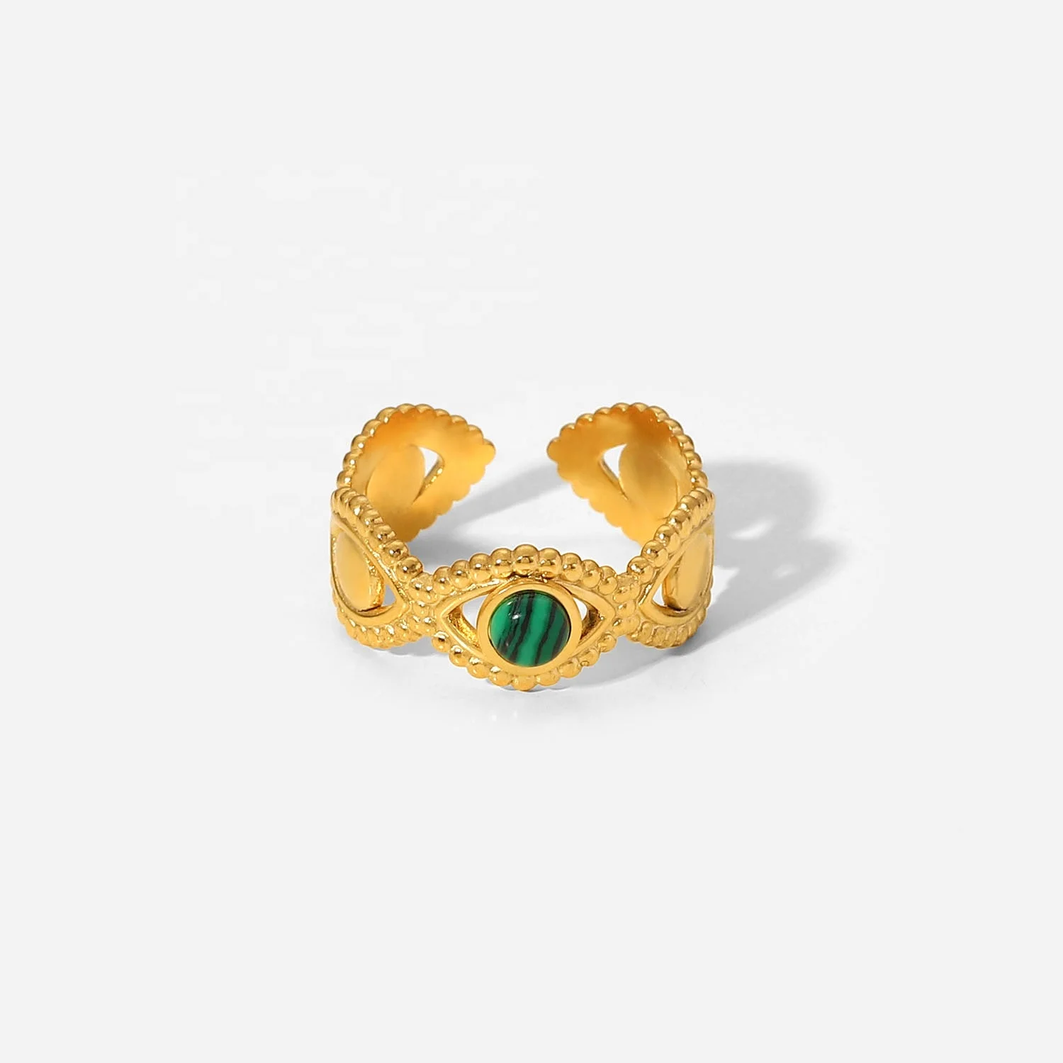 

18K Gold Stainless Steel Evil Eyes Green Malachite Natural Stone Hollow Design Opening Ring For Women