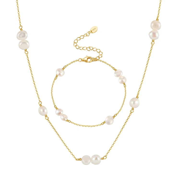 SS11 Luxury Pearl Jewelry Set 925 Sterling Silver 14K Gold Plated Chain Freshwater Pearl Bracelet Necklace Set for Women