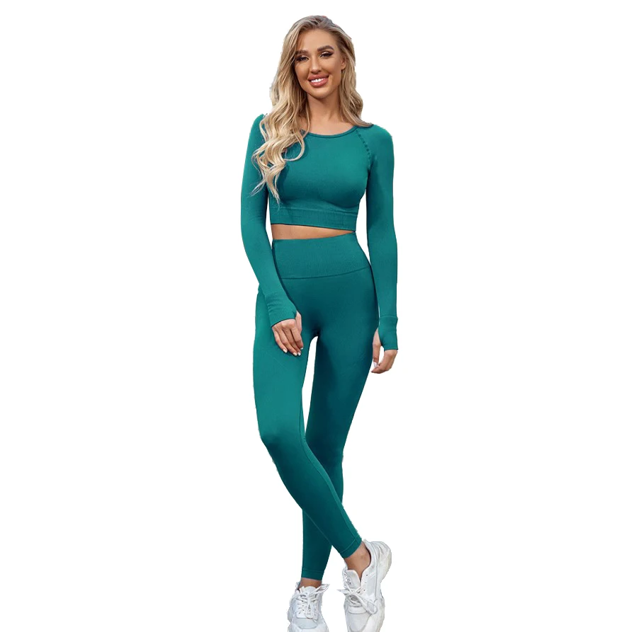 

Hot Selling Seamless Long Sleeve Pants Yoga Set, Black purple red green grey dark green dark purple brown