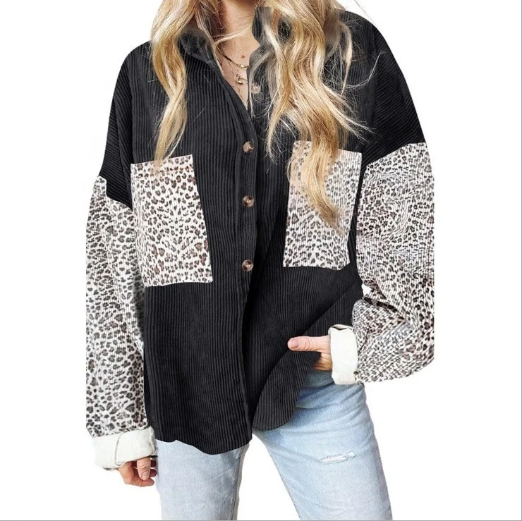 

Wholesale lady clothing new casual long sleeve woman shirt leopard print patchwork blouse, Picture color