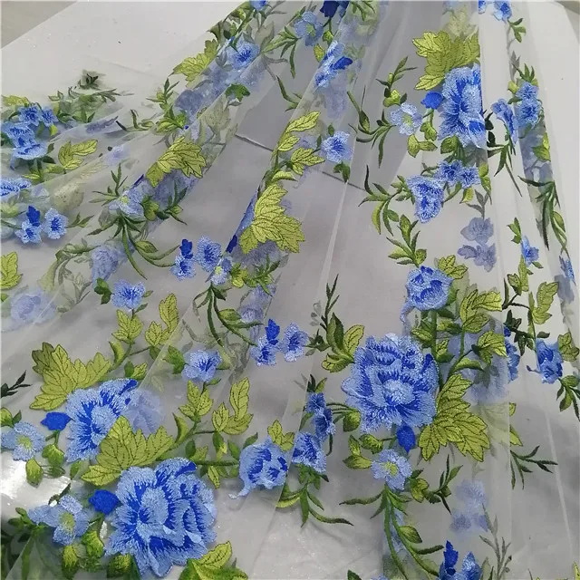 

2021 new arrivals sky blue sample lace mirror embroidery fabric dubai trim lace tulle embroidery fabric, Accept customized color