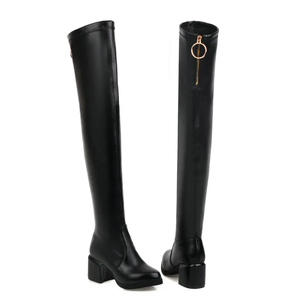 
Over The Knee Stretch Boots Women Pointed Toe Block Heel Thigh High Boots For Ladies Full Zip Winter Platform Boots 