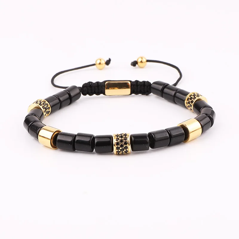 

Renting Jewelry New Design Natural Black Onyx Stone Tube Stainless Steel Beads CZ Charms Macrame Adjustable Bracelet Men