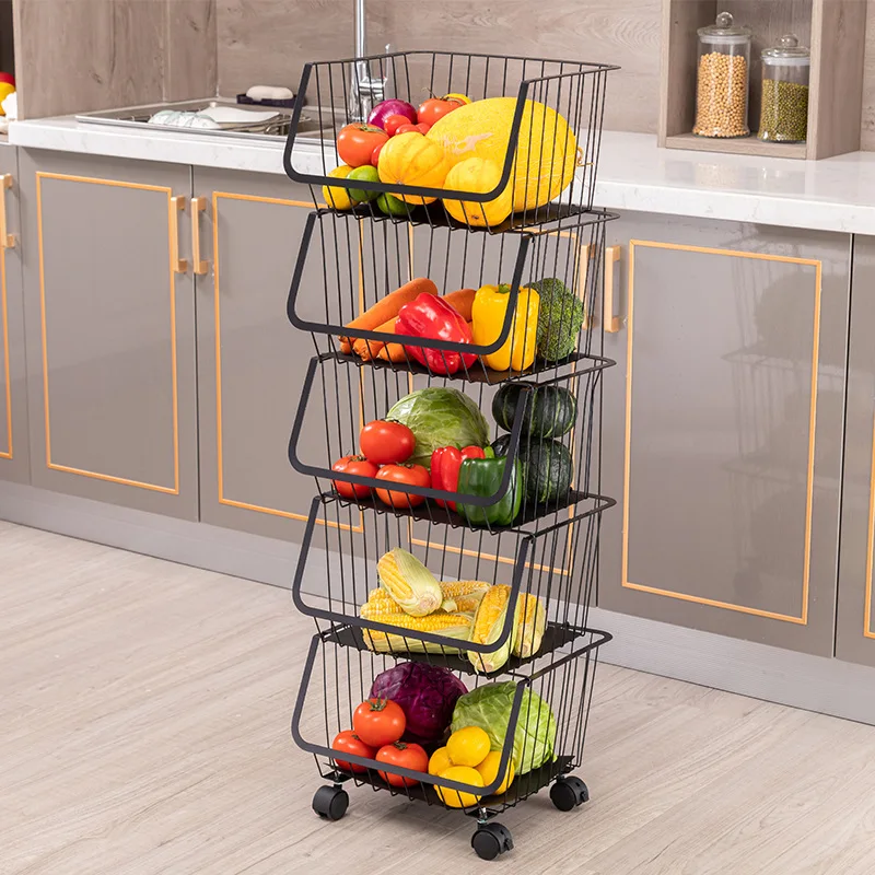 

Kitchen Stackable Storage shelf floor multi-layer movable household trolley fruit basket vegetable storage rack, Black