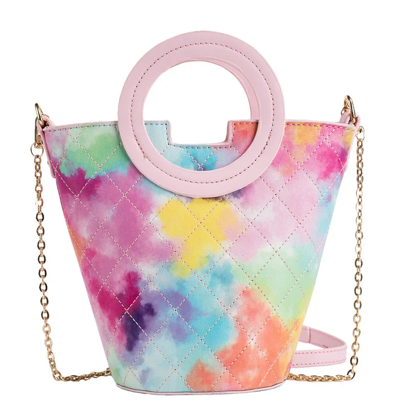 

Unique design gradient color lattice pu leather ladies handbags round handle shoulder crossbody bags bucket hand bag with chain, 6colors