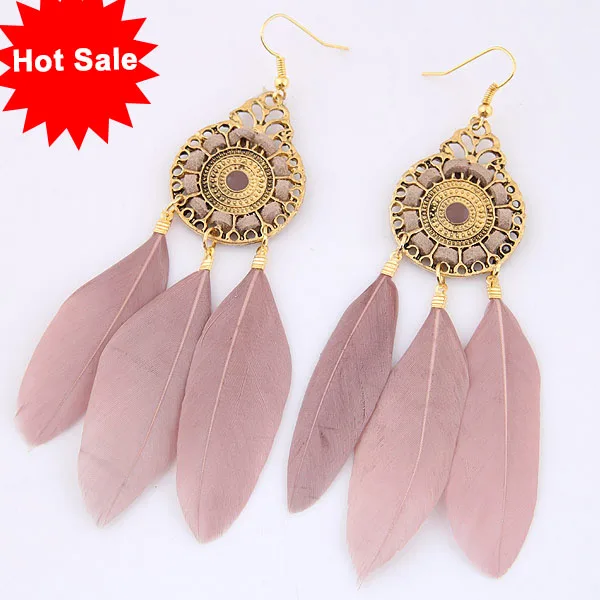 

Amazon Dropshipping New Style Alloy Plated Gold Boho Jewelry Statement Pink Feather Long Tassel Earring Drop Earrings For Women, Picture