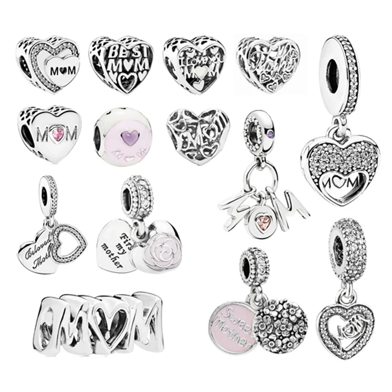 

Authentic 100% 925 Sterling Silver Beads Heart MOM Letter Clear CZ Charm Fit for pandora Charm Bracelet DIY Jewelry Mother Gift, Photo