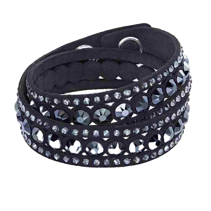 

Fashion leather bracelet wrap multilayer crystal bracelet double twist snap charm jewelry, Mulitcolor