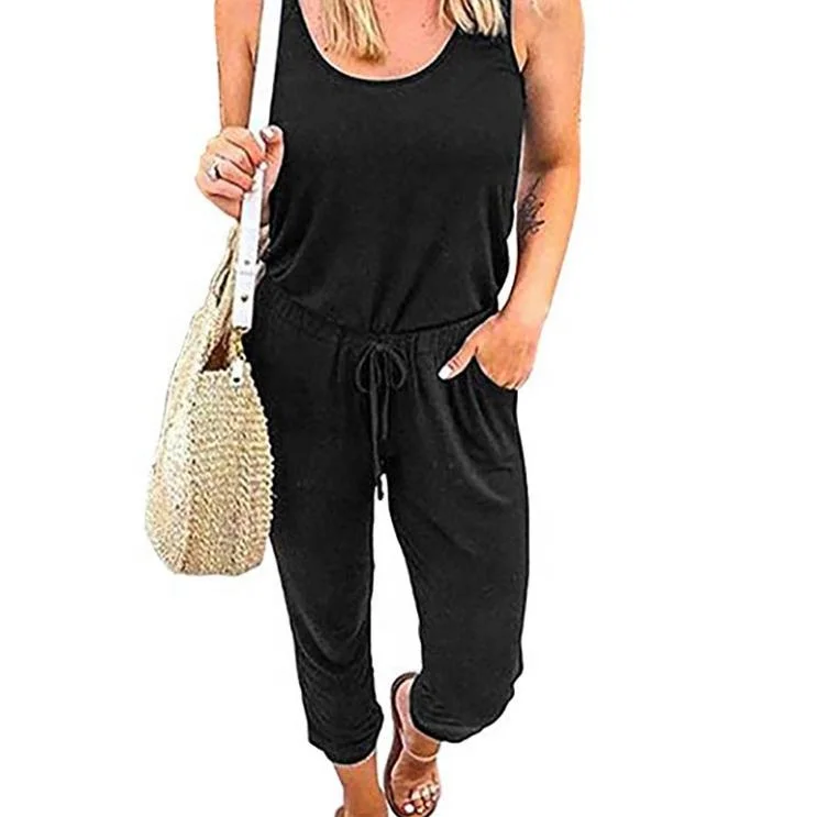 

Summer Long Sleeveless Jumpsuit Women Black Jumpsuits With Pocket Casual Rompers Womens Jumpsuit, As picture