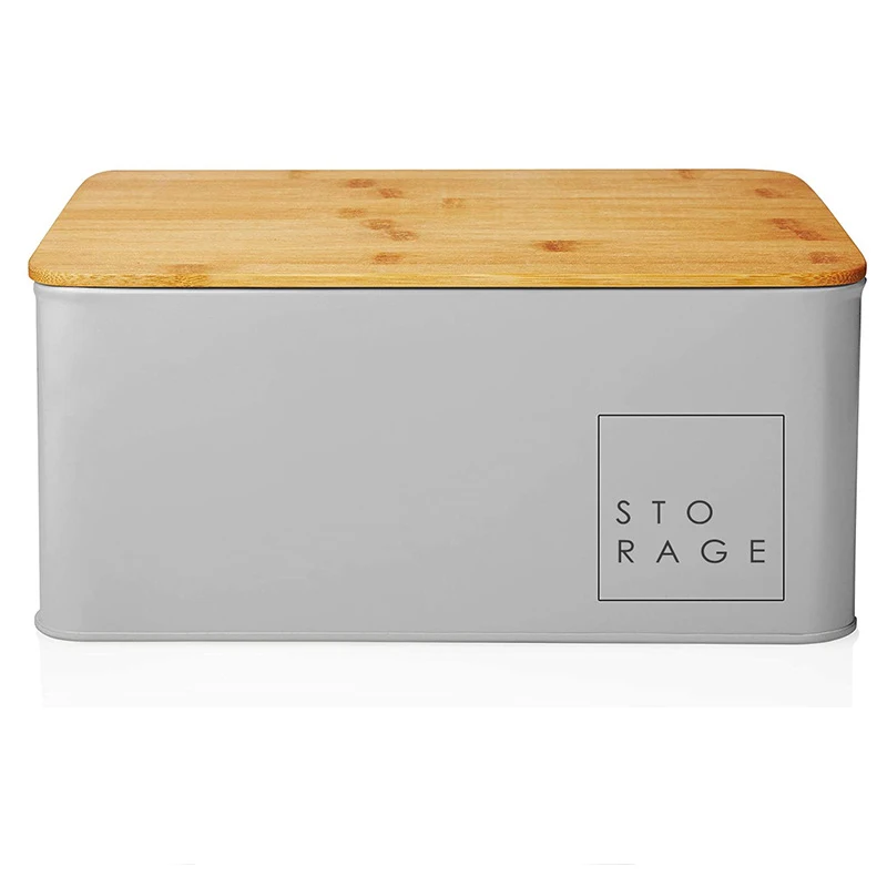 

Amazon Hot selling Counter Organizer Metal Bread Box food storage bin with Bamboo Lid