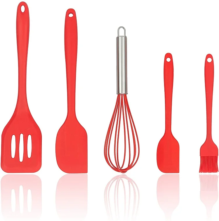 

Silicone Cooking Utensil Set for Baking set 5 pcs Silicone spatula and whisk, Red